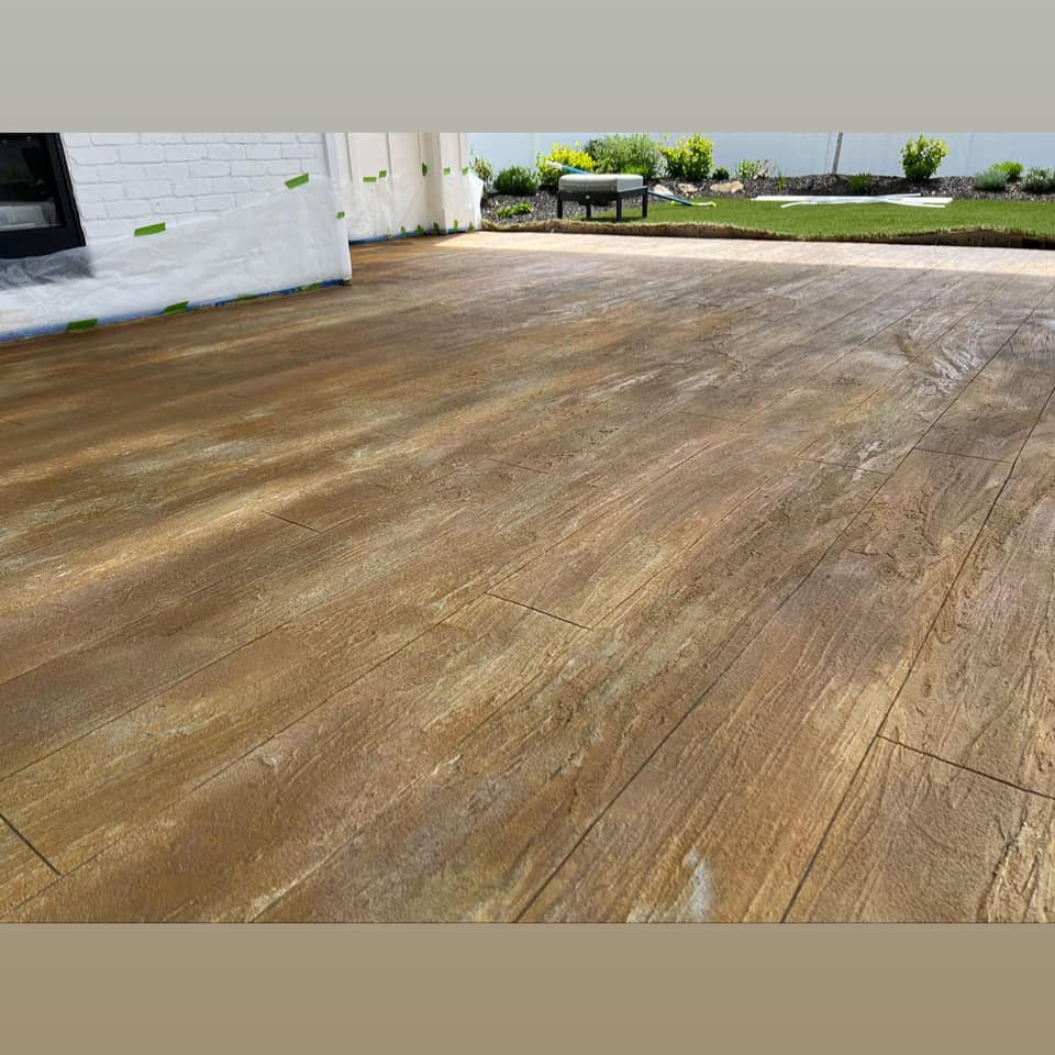 Pool house patio with thin-finish decorative overlay